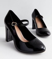 New Look Wide Fit Black Patent Block Heel Mary Jane Shoes